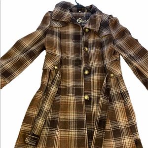 Guess wool plaid brown trench coat